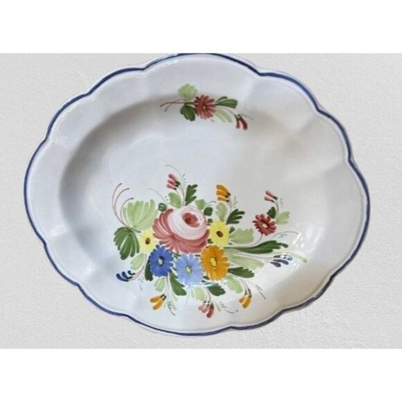 CASTELLI Italy Oval Serving Plate Faience Floral Scalloped Edge 15.5" - Picture 3 of 9
